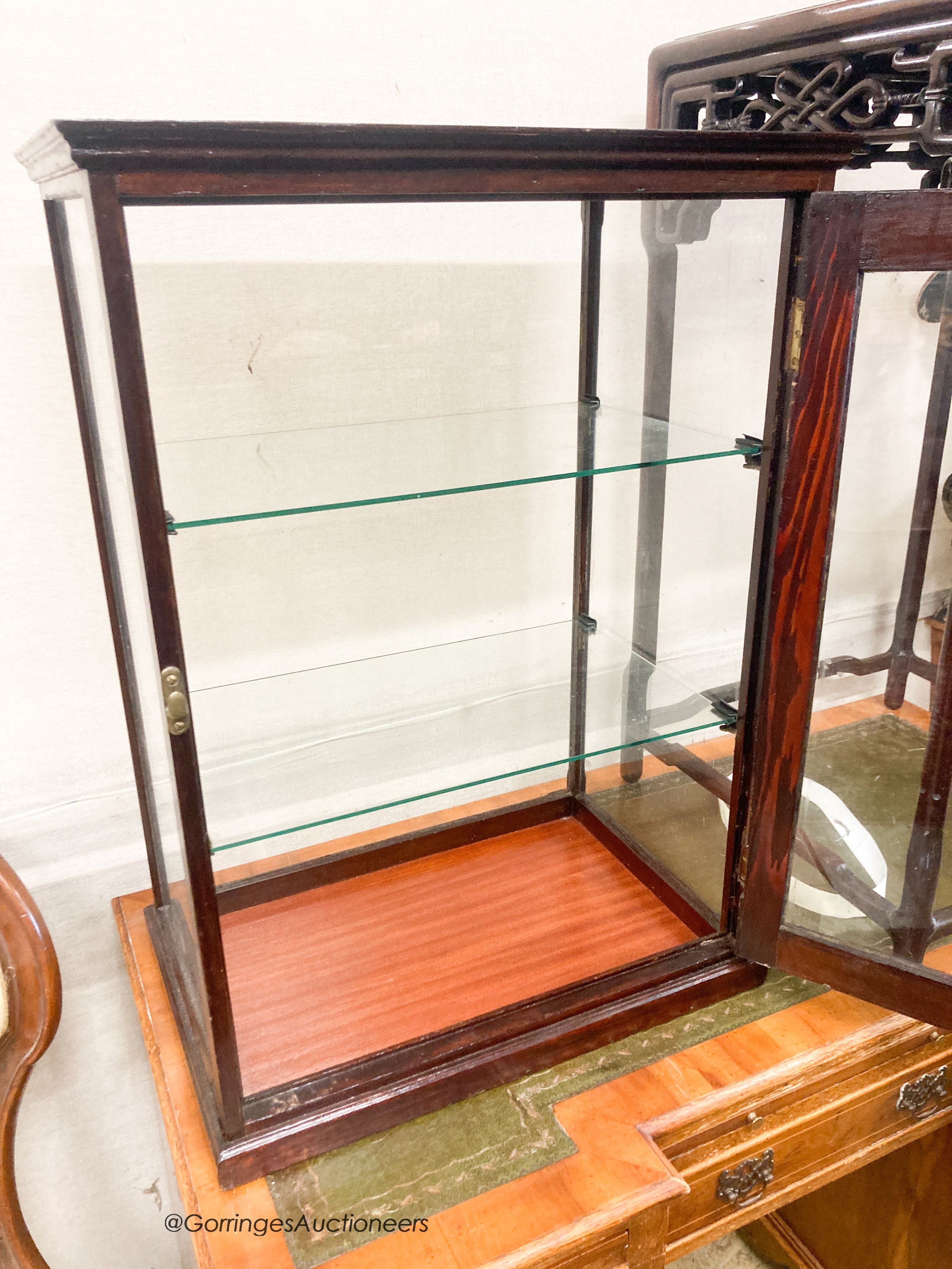 An early 20th century pine and mahogany counter top display cabinet, width 52cm, depth 34cm, height 73cm